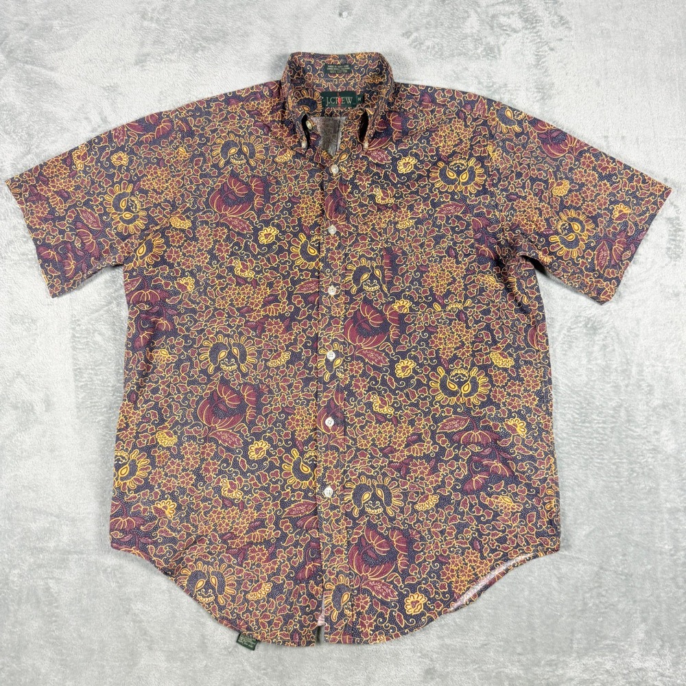 Vintage J.Crew Oarsman Mens Med Short Sleeve Button Down Shirt Batik Floral AOP